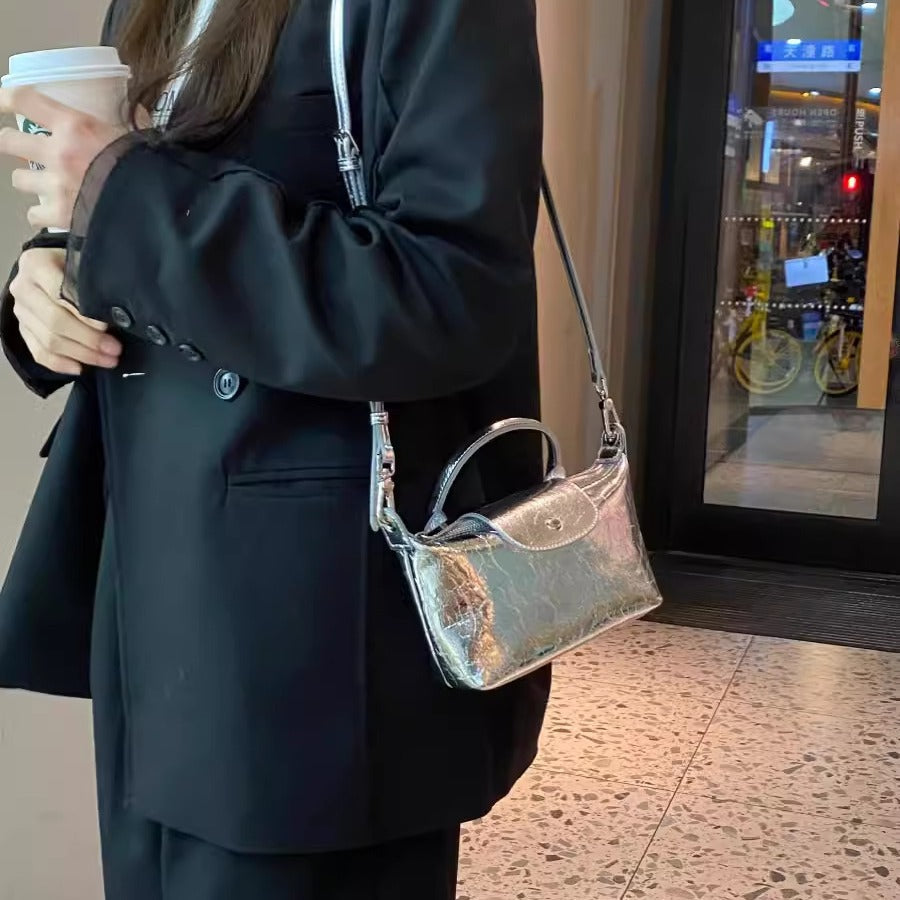 Spring and summer burst metallic mini tote bag, mini shoulder bag with crossbody strap, silver mini tote bag versatile women's bag