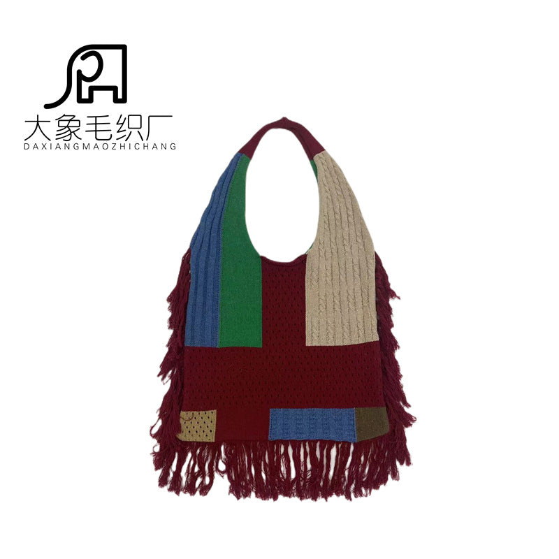 Tassel bag women, splicing knitted shoulder bag, simple and versatile retro knitted bag hobo
