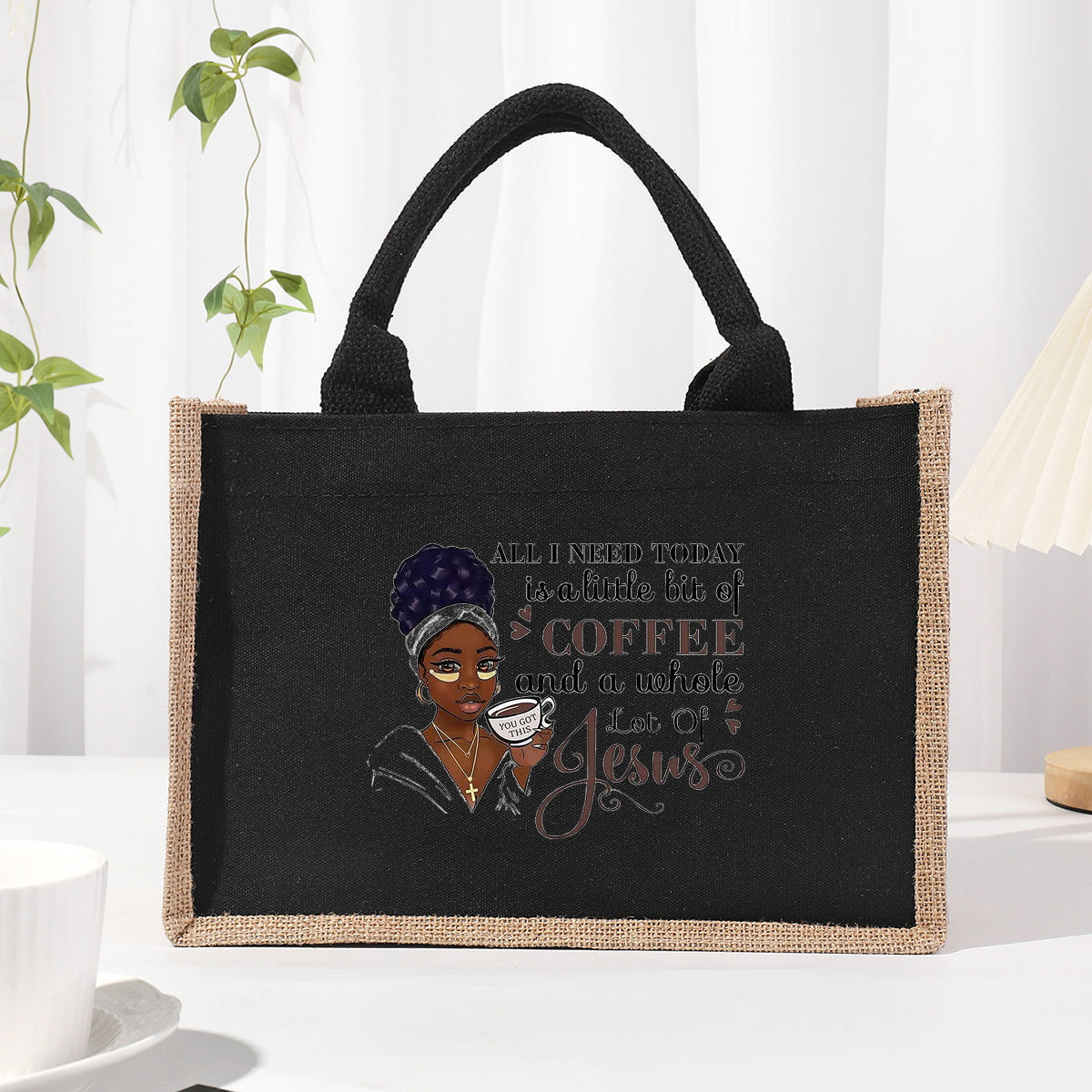 Cotton and linen canvas tote bag, printed letter tote bag, portable light handbag, gift shopping bag