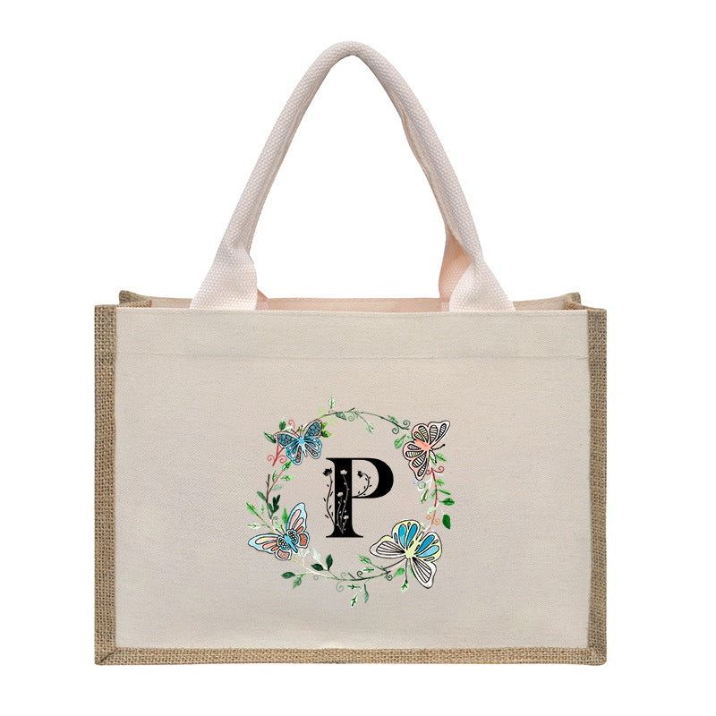 Cotton and linen canvas tote bag, printed letter tote bag, portable light handbag, gift shopping bag