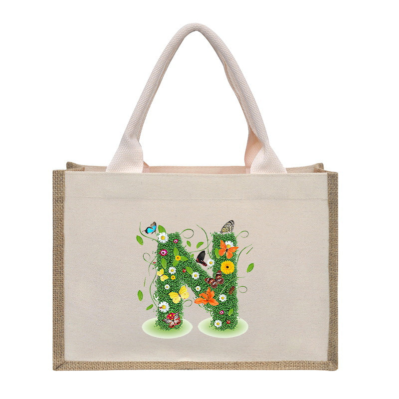 Cotton and linen canvas tote bag, printed letter tote bag, portable light handbag, gift shopping bag
