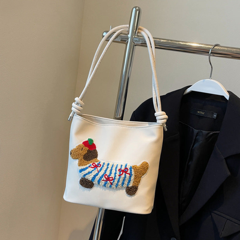 Adorable Cute Puppy Pattern Canvas Bag - Fashionable Bucket Style Shoulder Bag for Students & Women Hobo