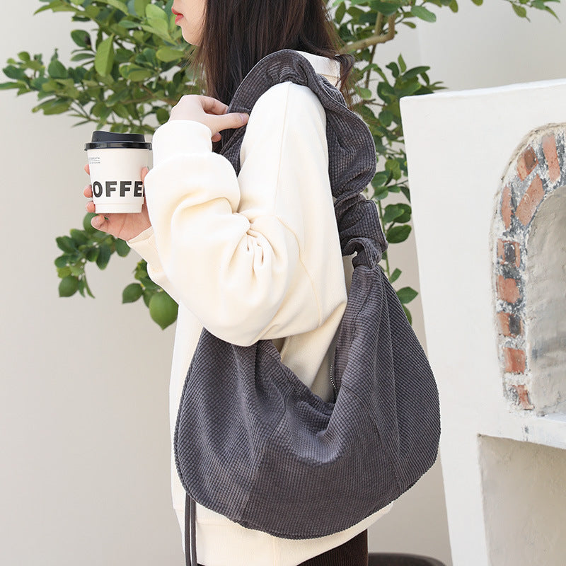 Canvas hobo bag, casual pleated shoulder bag, drawstring corduroy shoulder bag