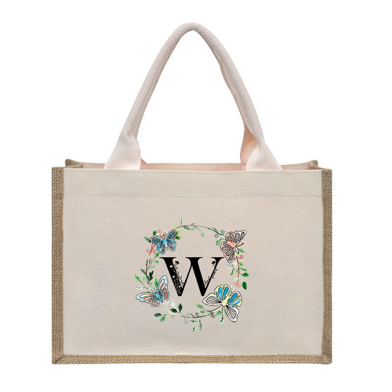 Cotton and linen canvas tote bag, printed letter tote bag, portable light handbag, gift shopping bag