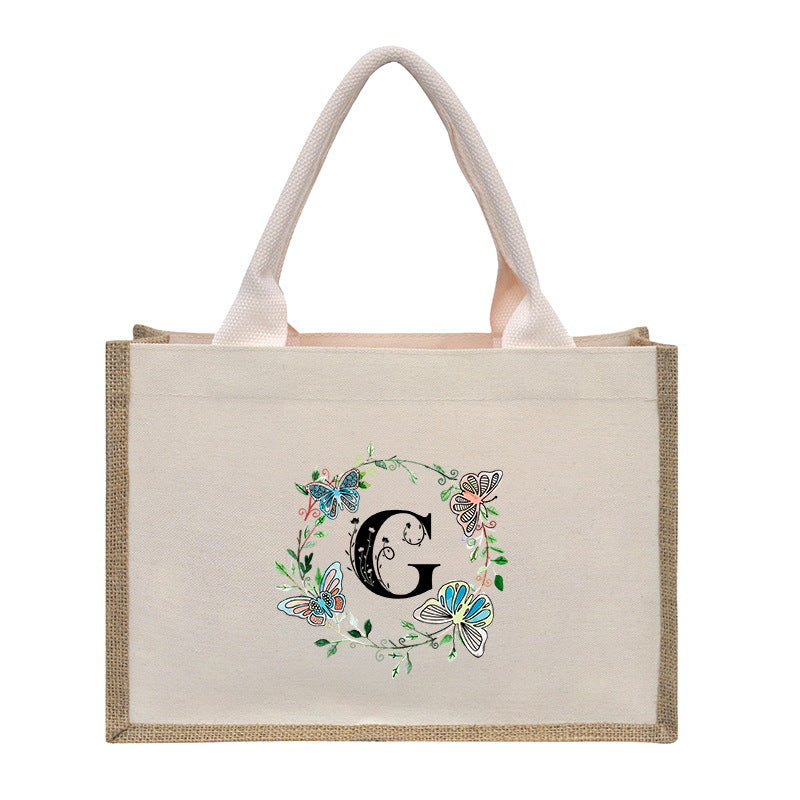 Cotton and linen canvas tote bag, printed letter tote bag, portable light handbag, gift shopping bag