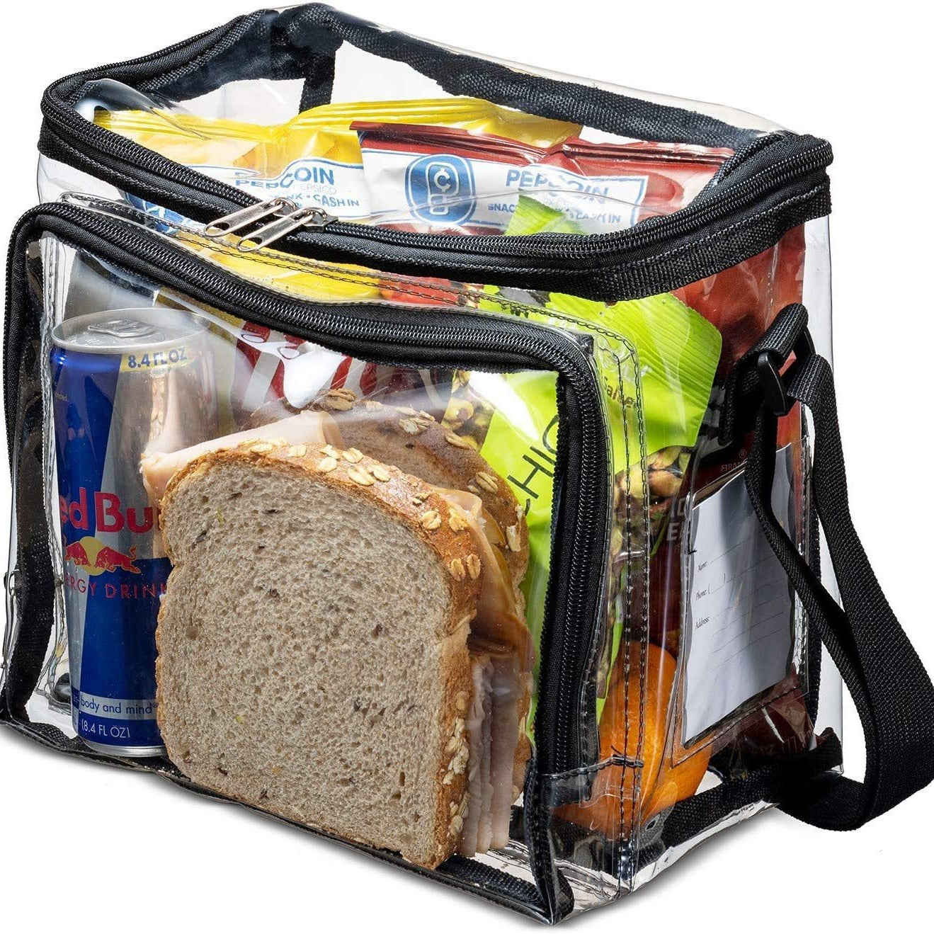 PVC clear lunch bag, adjustable strap front storage compartment mesh pocket, outdoor lunch bag with compartments