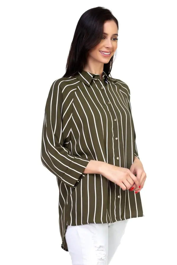 Stripe Button Down Shirt -Olive - # WOAA21510017-PRG