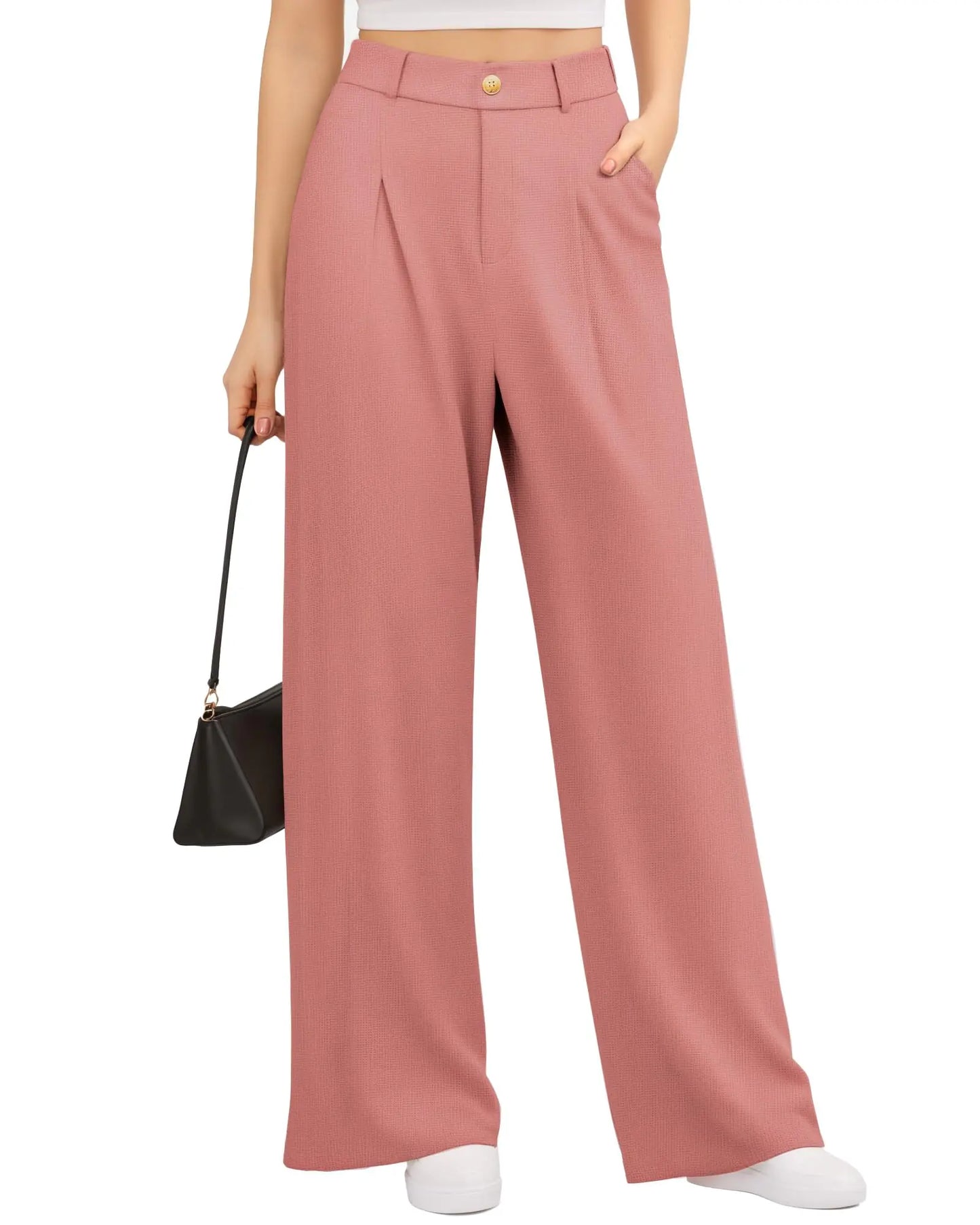 CLOZOZ Womens Wide Leg Palazzo Pants Belted High Waisted Business Casual Flowy Long Trousers with Pockets Pink - # GIAA23410019