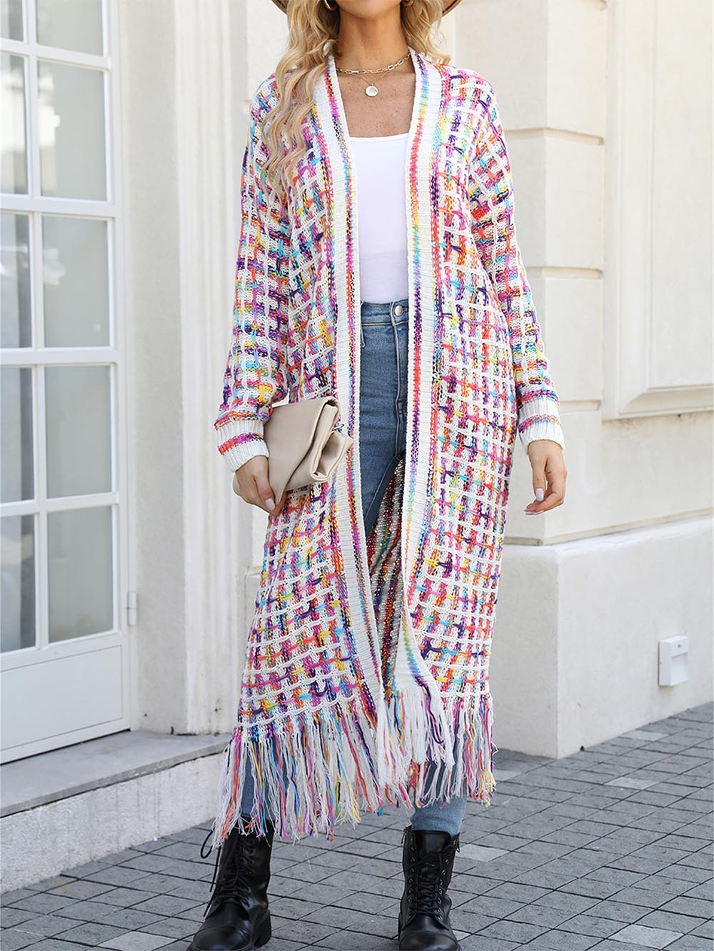 Plus-Size Tassel Fringe Long Cardigan with Colorful Thread Weaving | NCS