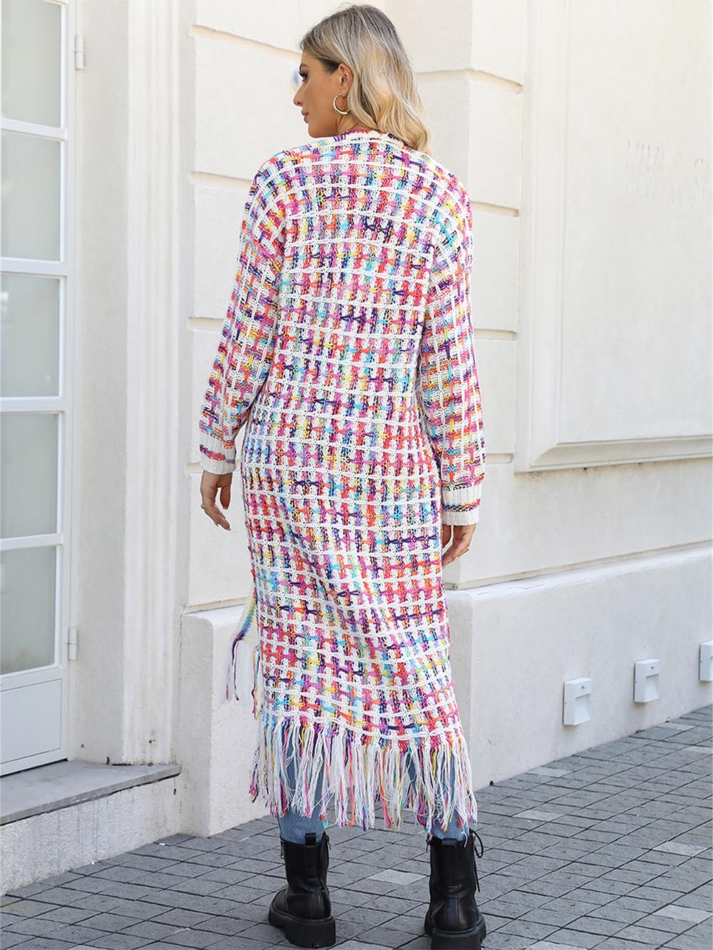 Plus-Size Tassel Fringe Long Cardigan with Colorful Thread Weaving | NCS