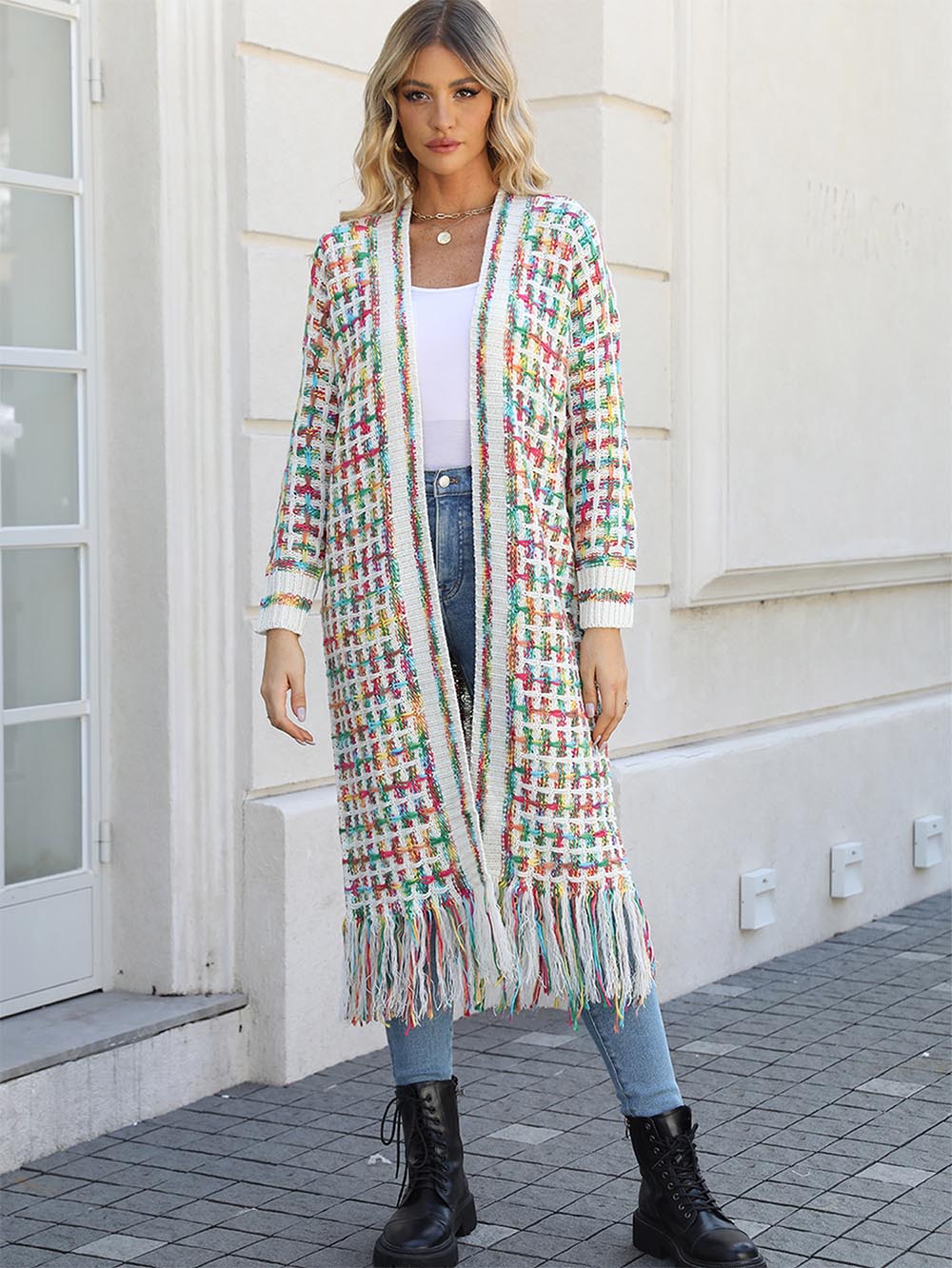 Plus-Size Tassel Fringe Long Cardigan with Colorful Thread Weaving | NCS