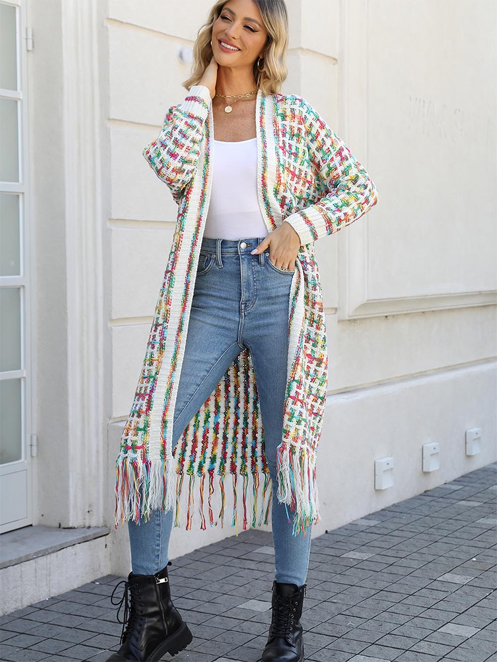 Plus-Size Tassel Fringe Long Cardigan with Colorful Thread Weaving | NCS