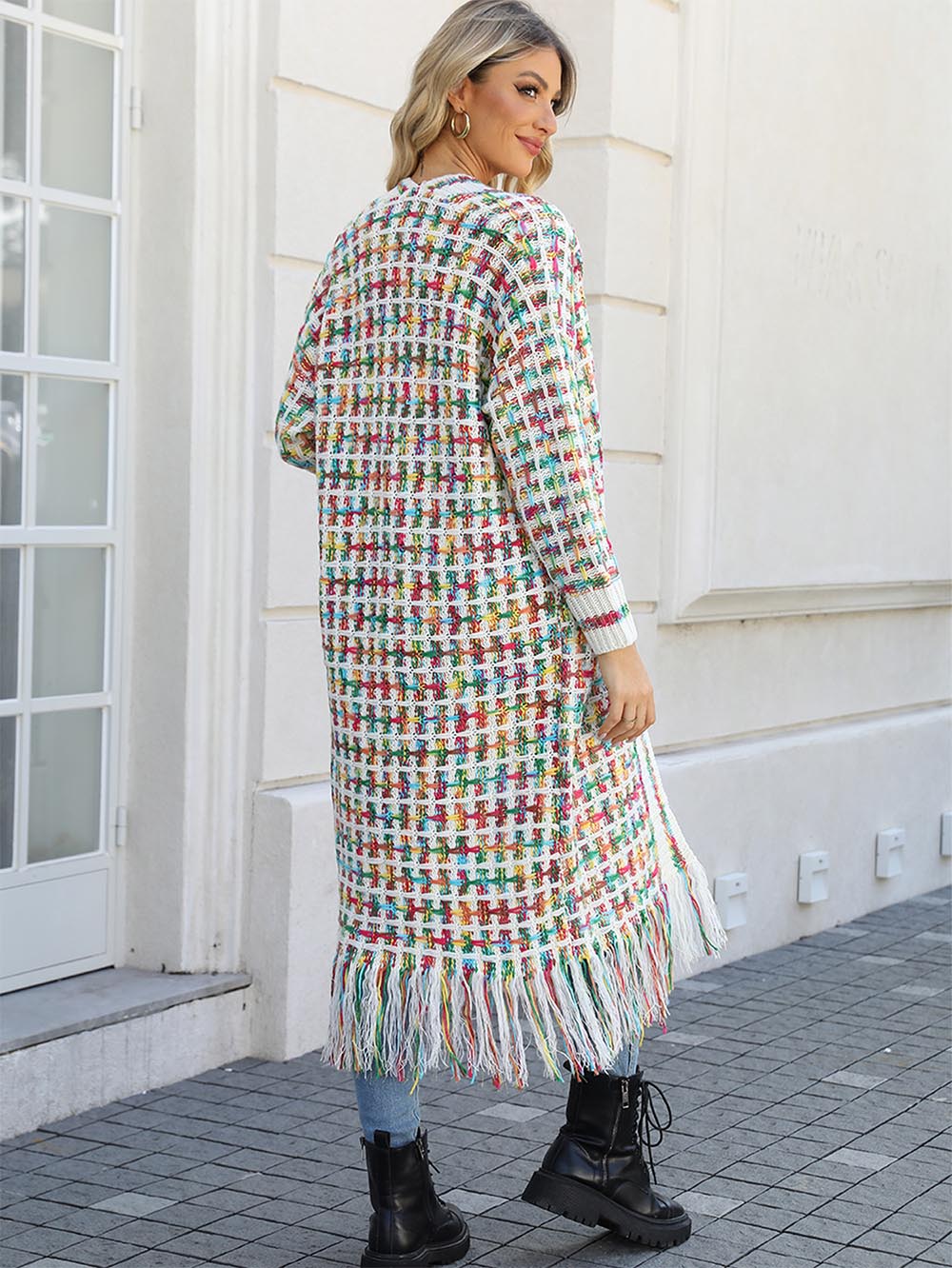 Plus-Size Tassel Fringe Long Cardigan with Colorful Thread Weaving | NCS