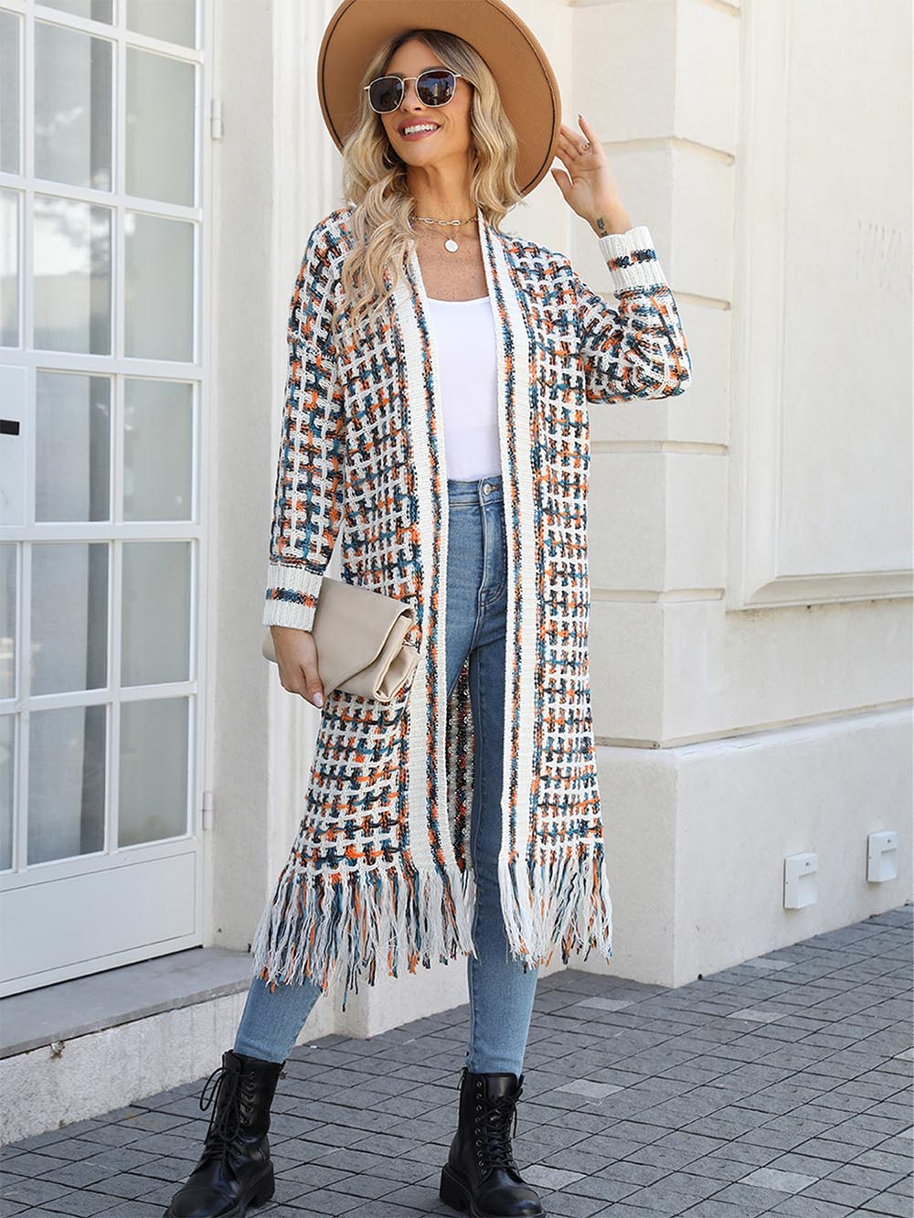 Plus-Size Tassel Fringe Long Cardigan with Colorful Thread Weaving | NCS