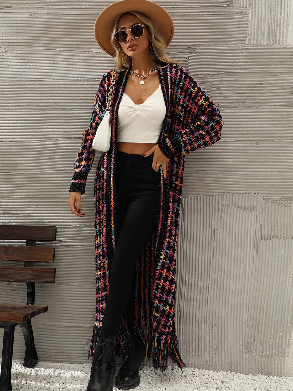 Plus-Size Tassel Fringe Long Cardigan with Colorful Thread Weaving | NCS