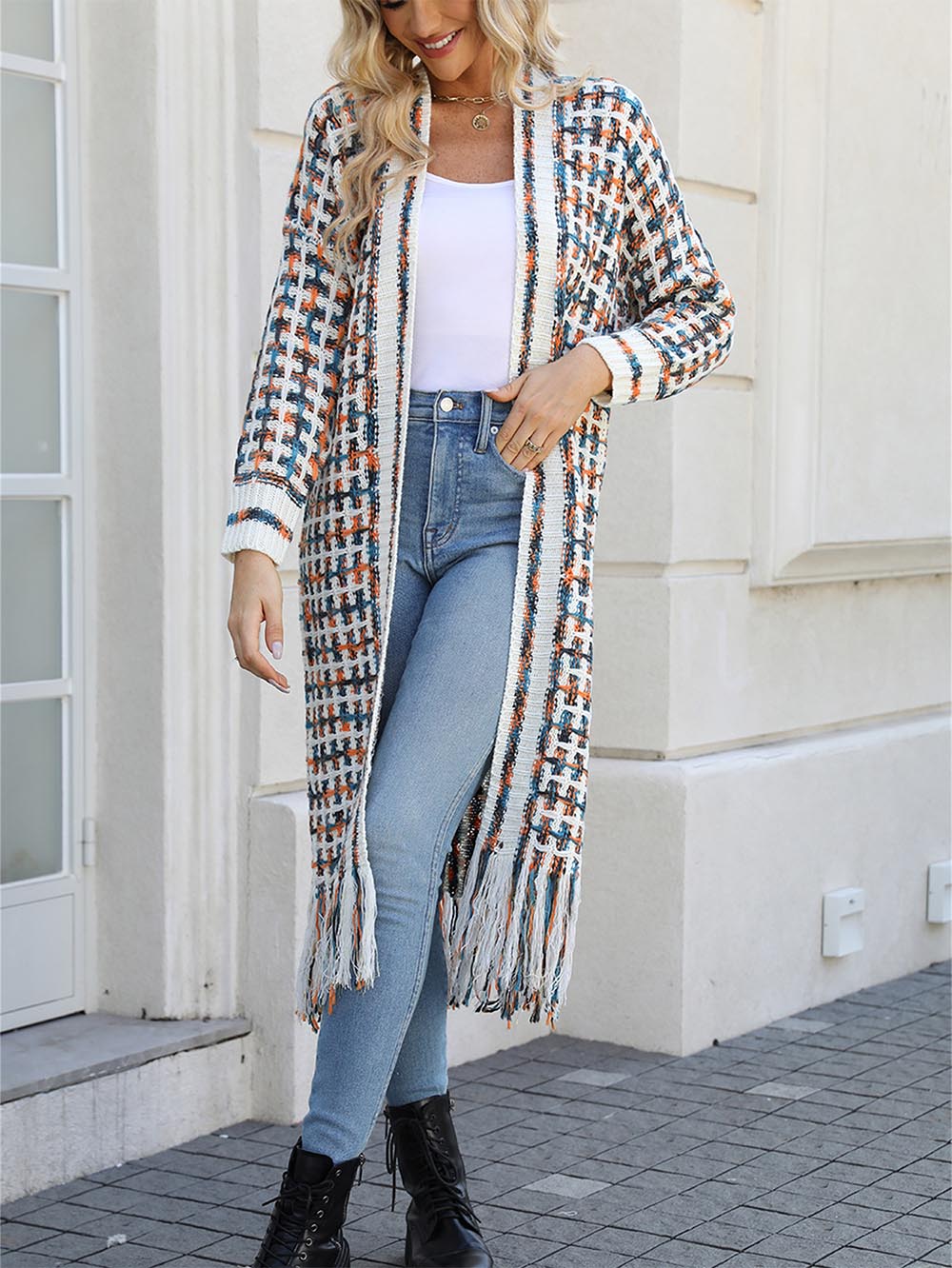 Plus-Size Tassel Fringe Long Cardigan with Colorful Thread Weaving | NCS