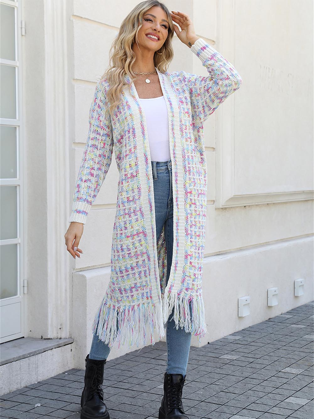 Plus-Size Tassel Fringe Long Cardigan with Colorful Thread Weaving | NCS