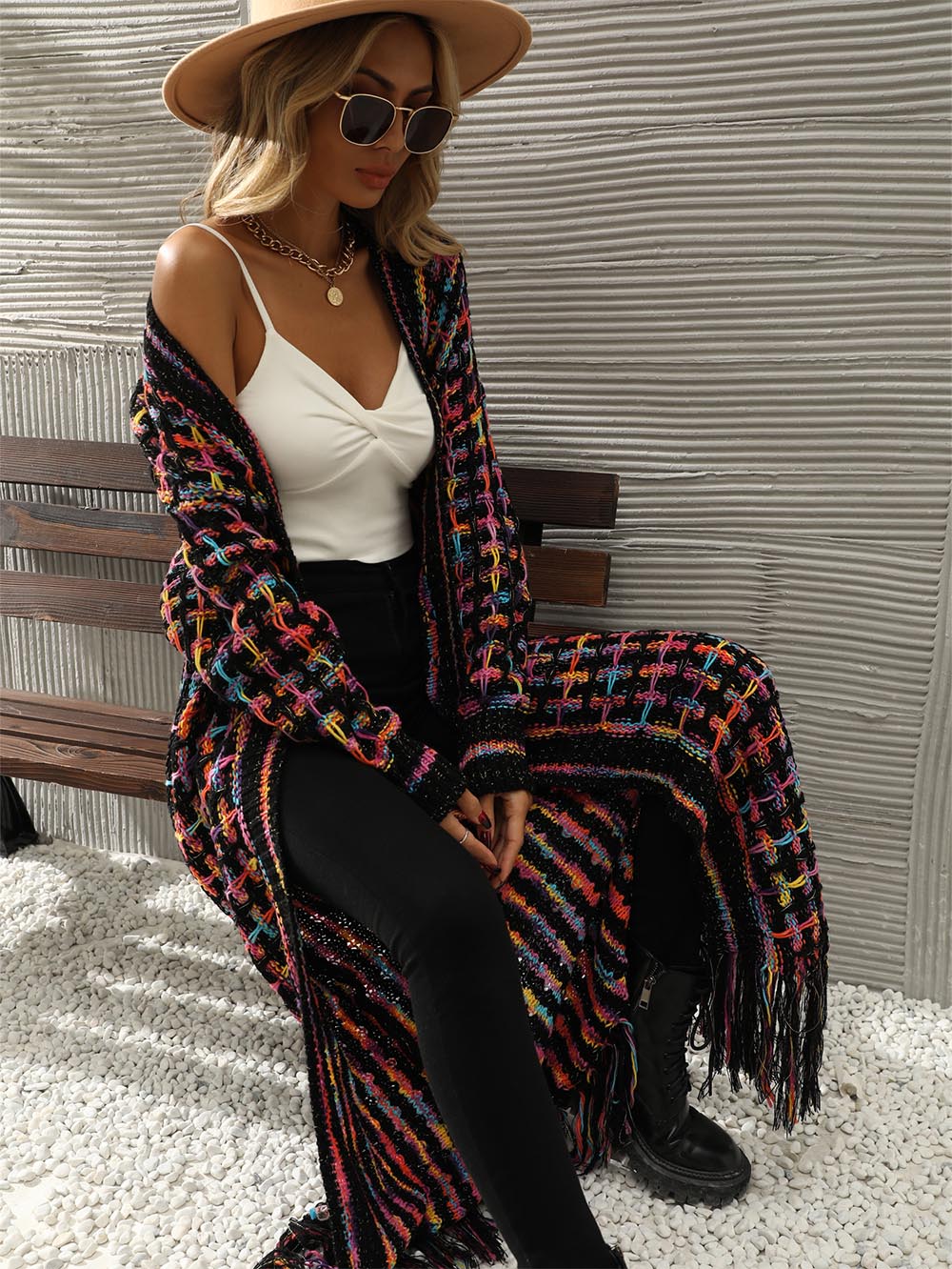 Plus-Size Tassel Fringe Long Cardigan with Colorful Thread Weaving | NCS