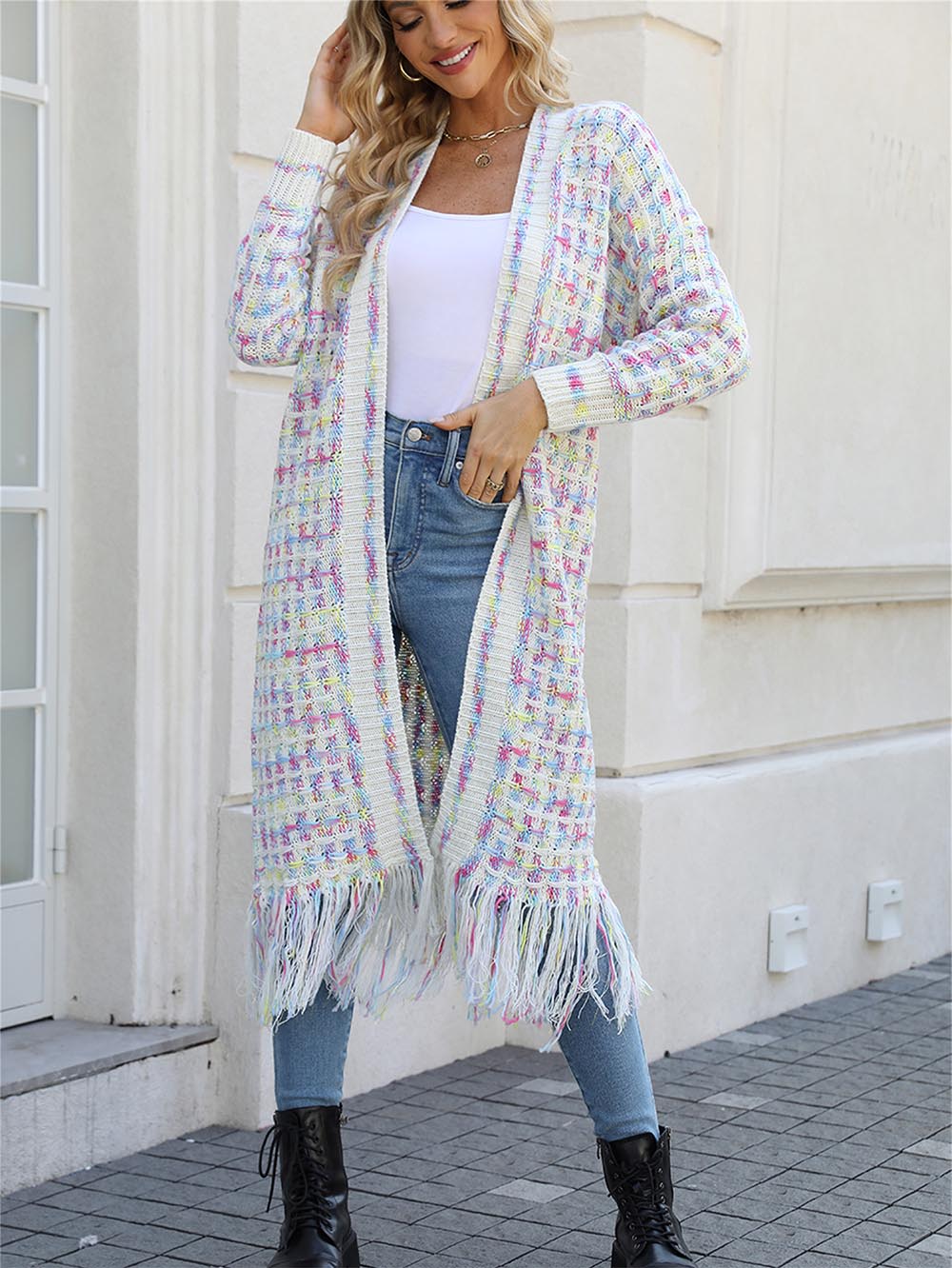 Plus-Size Tassel Fringe Long Cardigan with Colorful Thread Weaving | NCS