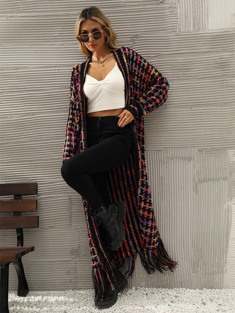 Plus-Size Tassel Fringe Long Cardigan with Colorful Thread Weaving | NCS