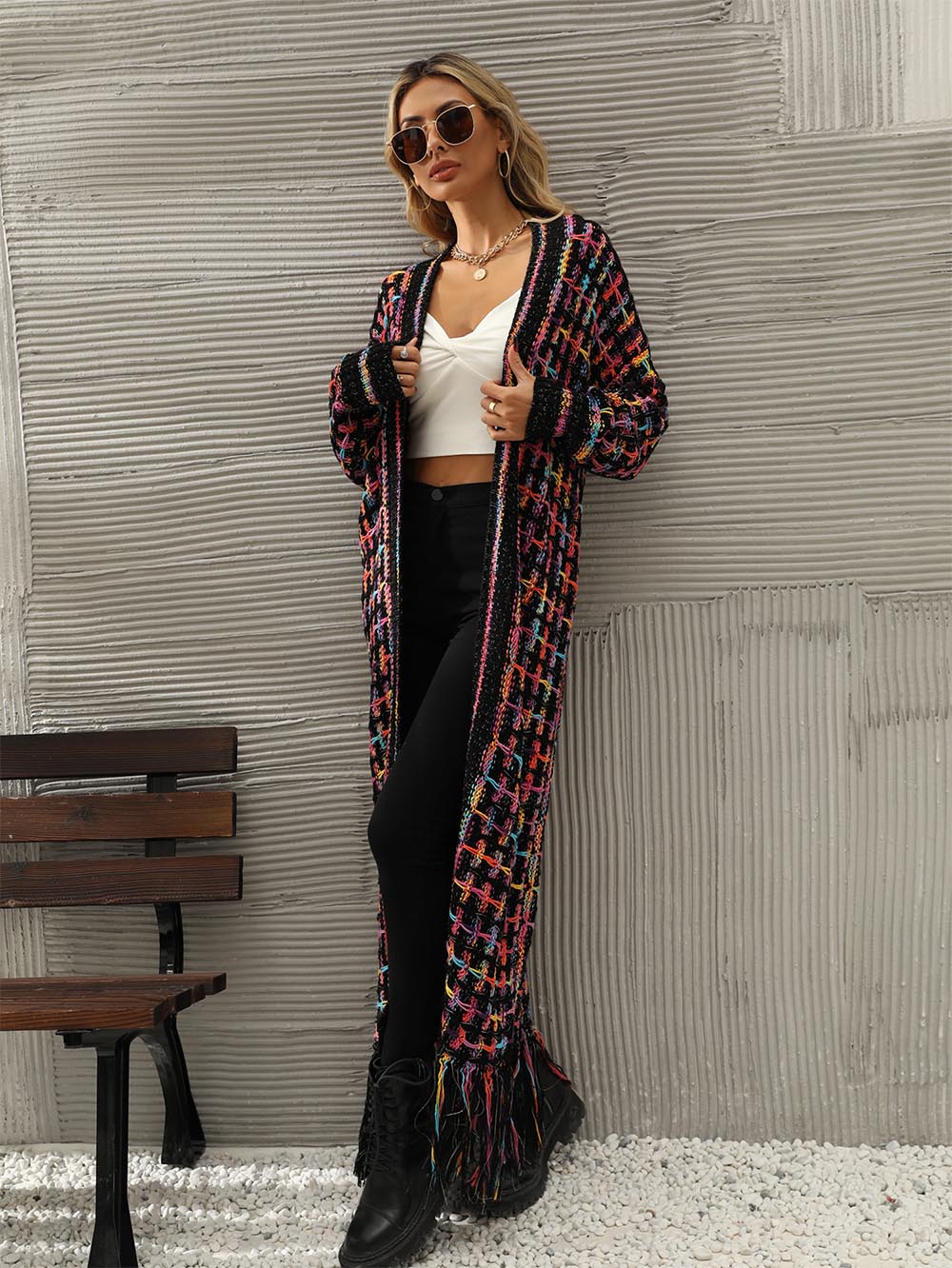 Plus-Size Tassel Fringe Long Cardigan with Colorful Thread Weaving | NCS