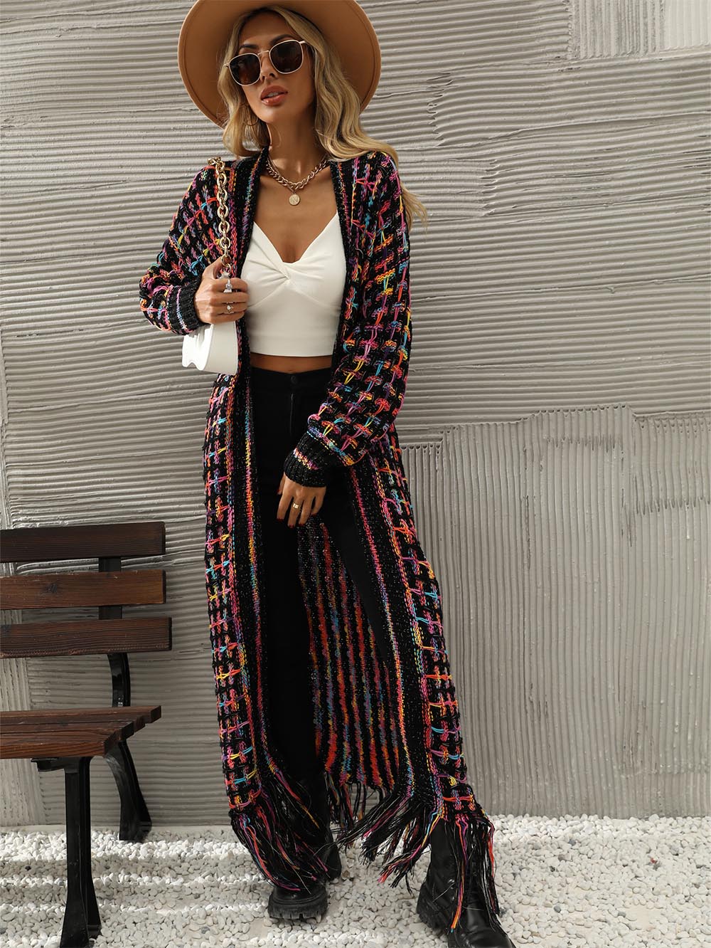 Plus-Size Tassel Fringe Long Cardigan with Colorful Thread Weaving | NCS