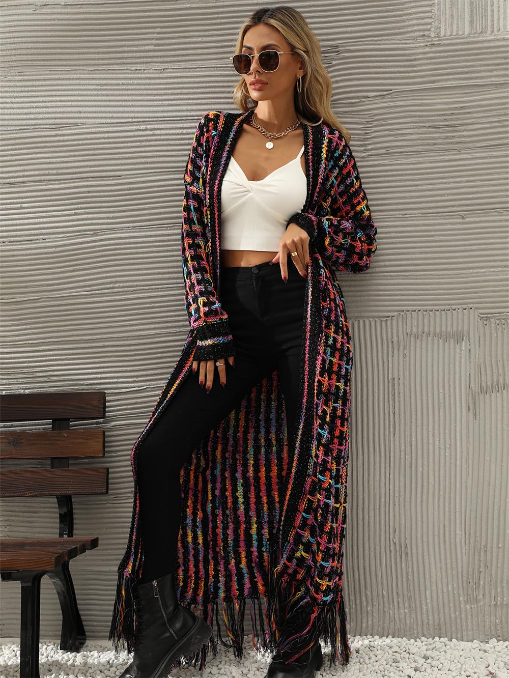Plus-Size Tassel Fringe Long Cardigan with Colorful Thread Weaving | NCS