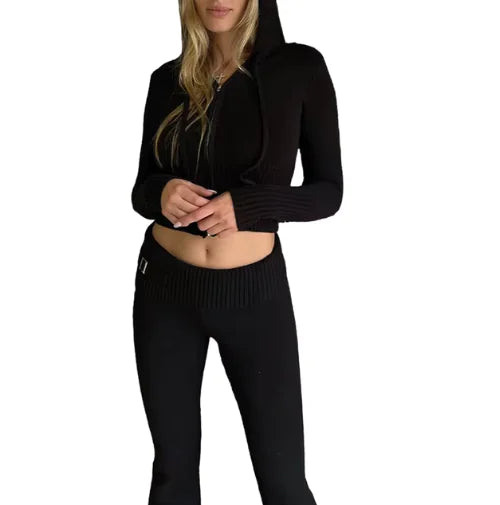 Knitted Hooded Two-Piece Set - # GIAA23310008