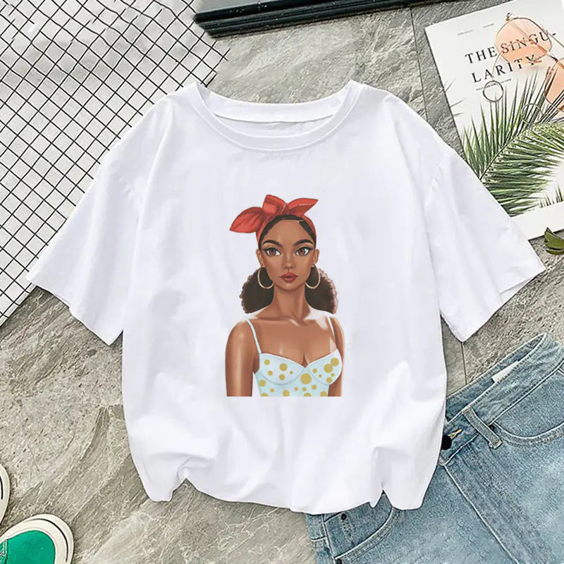 African Girl Print Short Sleeve T-Shirt for Girl and Women - # GIAA23510016