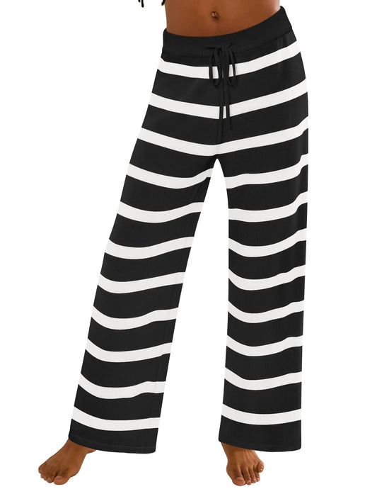 ZESICA Women's Casual Striped Wide Leg Pants Elastic Waist Drawstring Loose Knit Soft Pajama Lounge Palazzo Pants Fall Clothes-Black-Small - # GIAA23410024