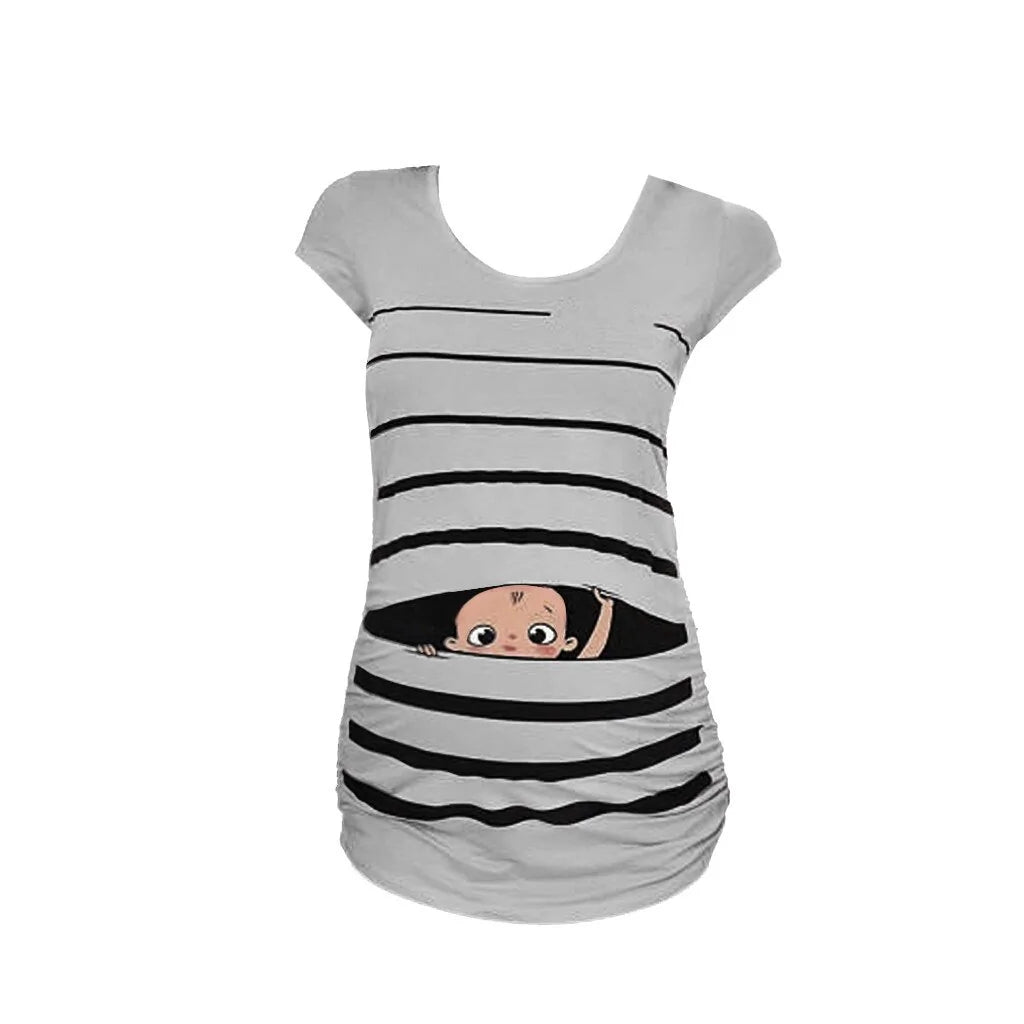 Sweet Cartoon Striped Maternity Summer T-shirt - # WOAA21510010-PRG