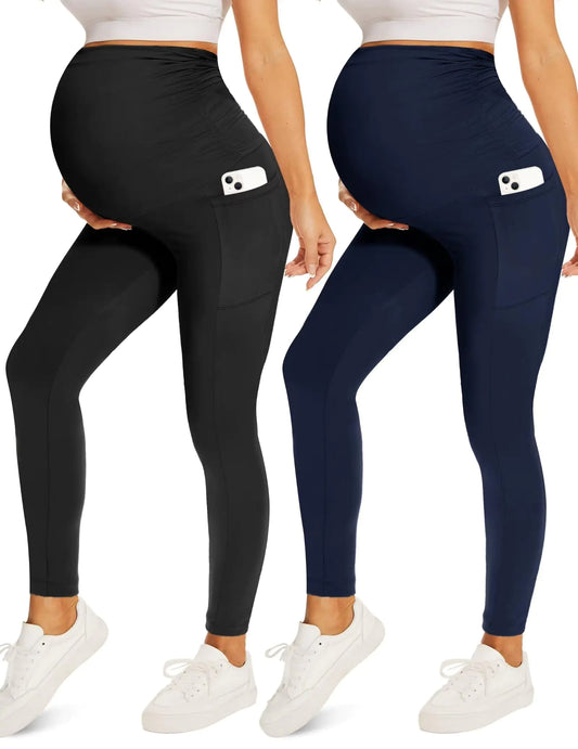 Fotociti 2 Pack Maternity Leggings With Pockets Over The Belly-Women's Pregnancy Workout-Yoga Active-Soft Tights Pants - # WOAA21410005 - PRG