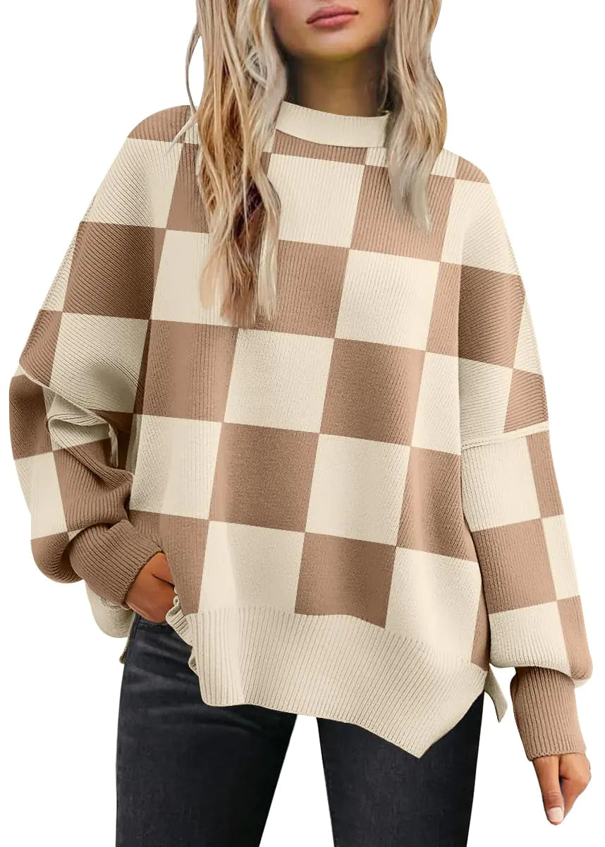 EFAN Women's Oversized Sweaters Fall Crewneck Batwing Sleeve Pullover Sweaters Small Khaki Plaid - # WOAA21510006-PRG