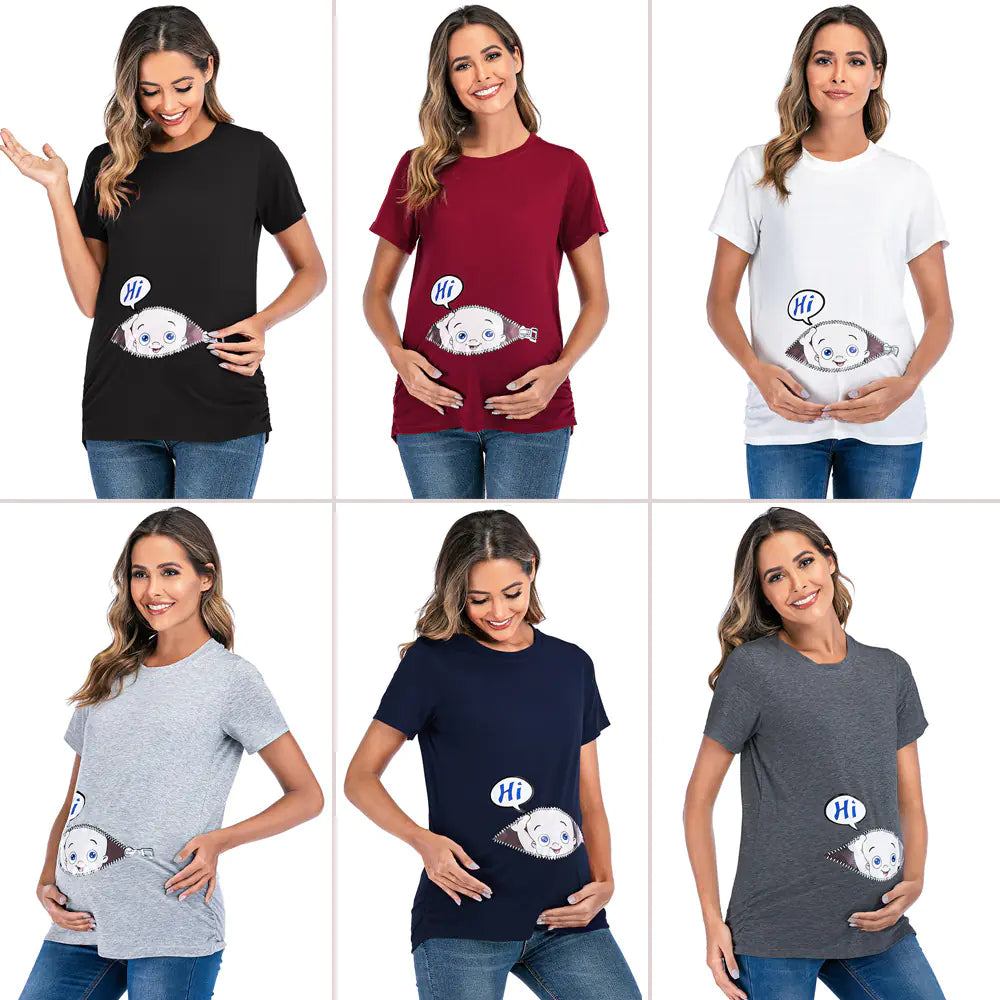 European American Maternity Round Neck Printed T-shirt - # BAGE211510113-PRG