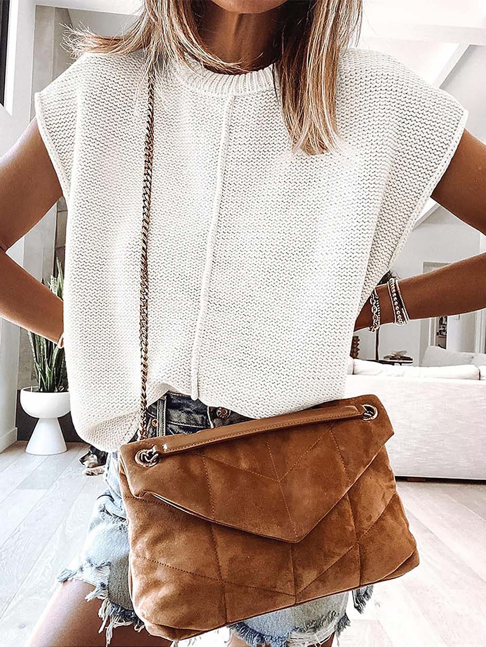 Rolled Cap Sleeve Round Neck Sweater Vest | NCS