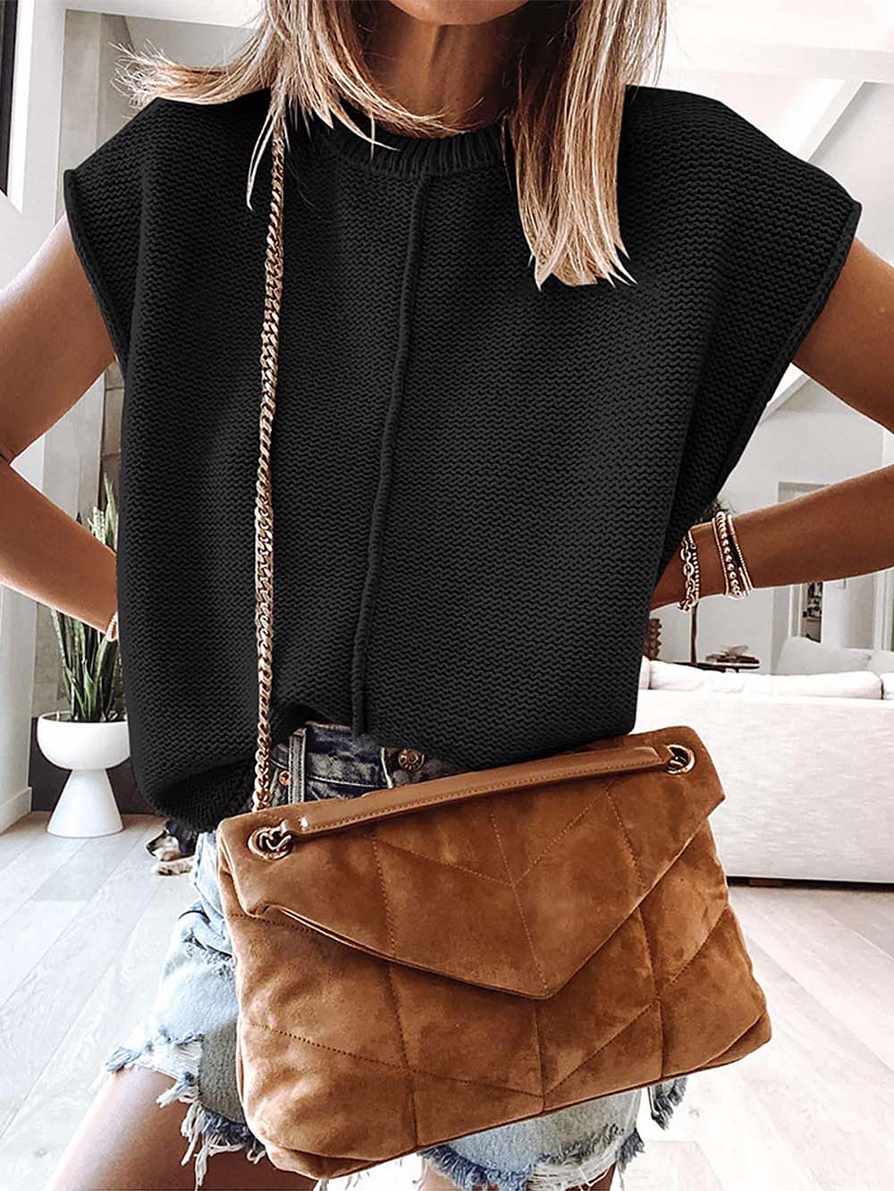 Rolled Cap Sleeve Round Neck Sweater Vest | NCS