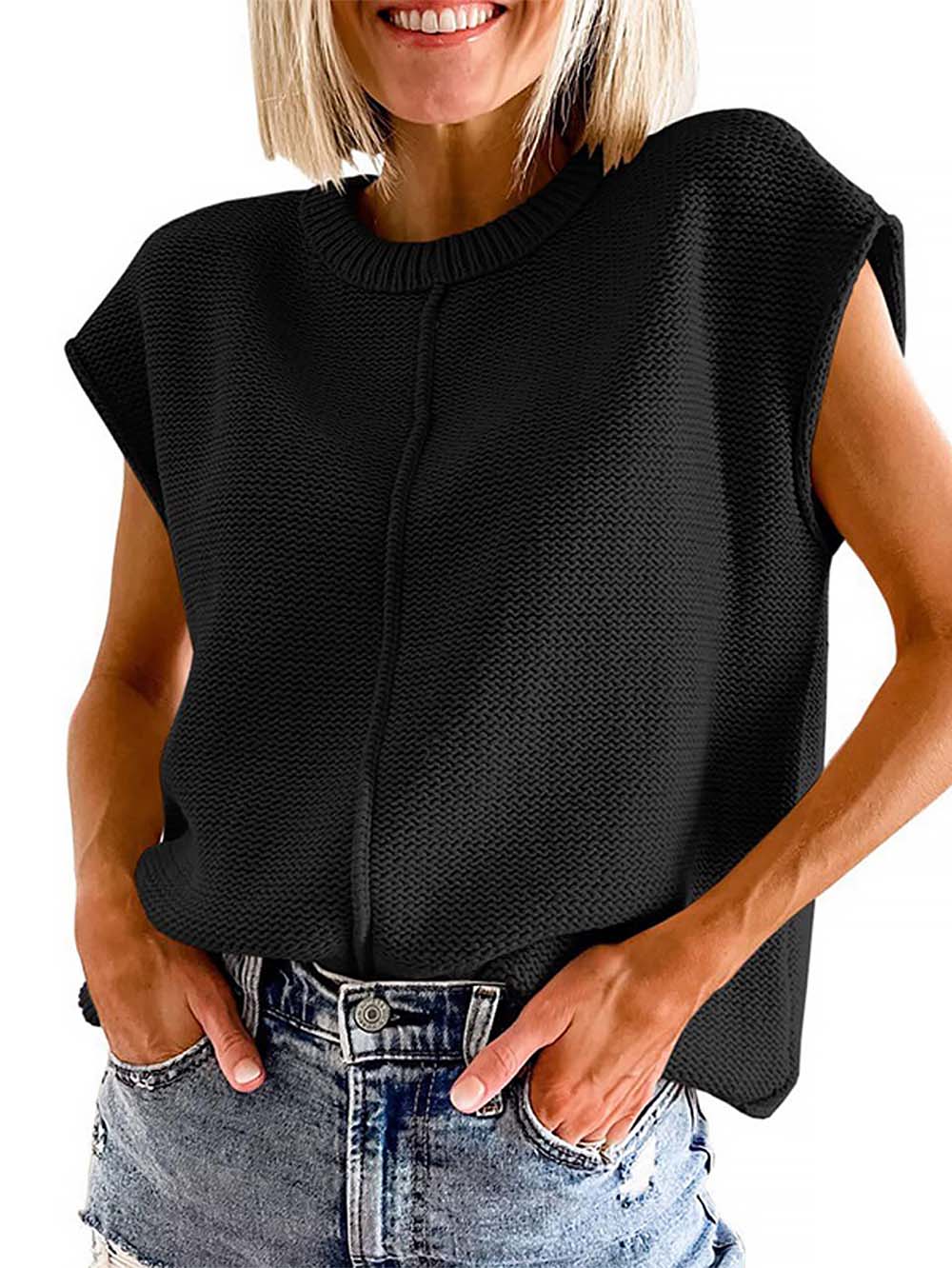 Rolled Cap Sleeve Round Neck Sweater Vest | NCS