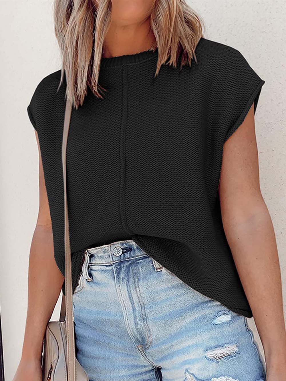 Rolled Cap Sleeve Round Neck Sweater Vest | NCS