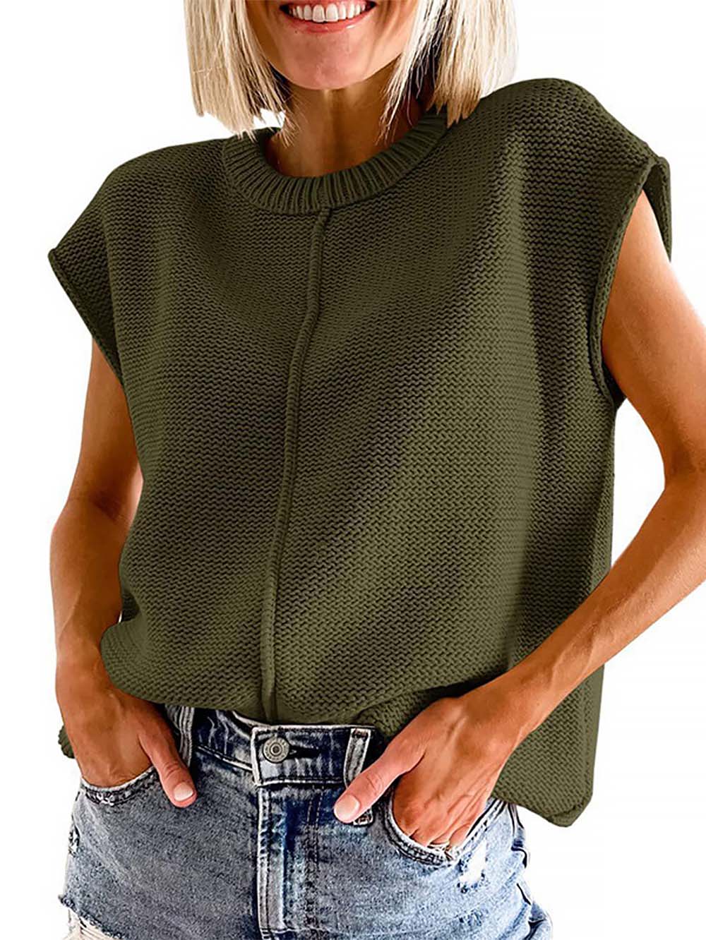 Rolled Cap Sleeve Round Neck Sweater Vest | NCS