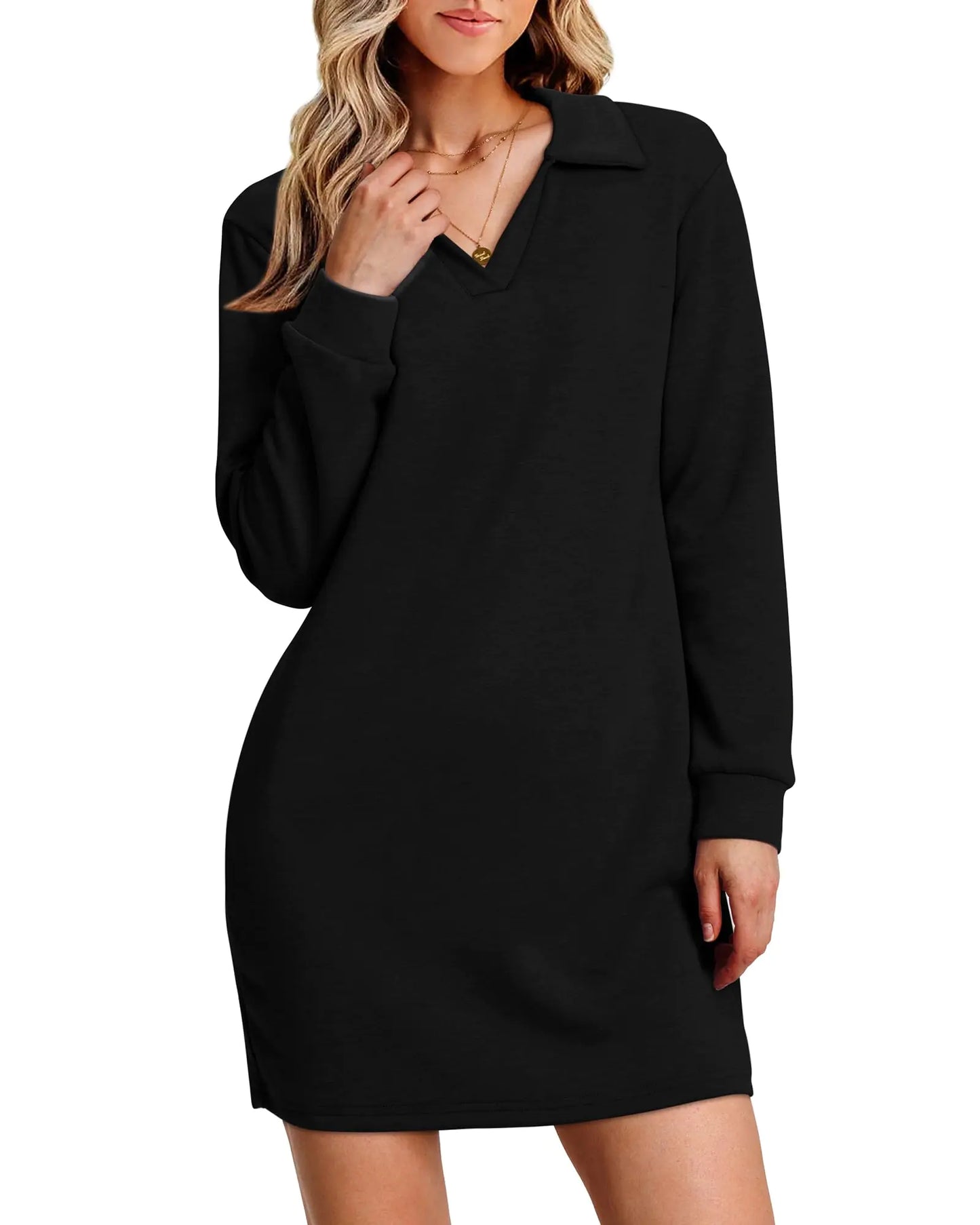 WIHOLL Womens Long Sleeve Lapel Collared V Neck Sweatshirt Dress Loose Fit Solid Color Mini Dresses Fall 2024 Black Large - # GIAA231710008