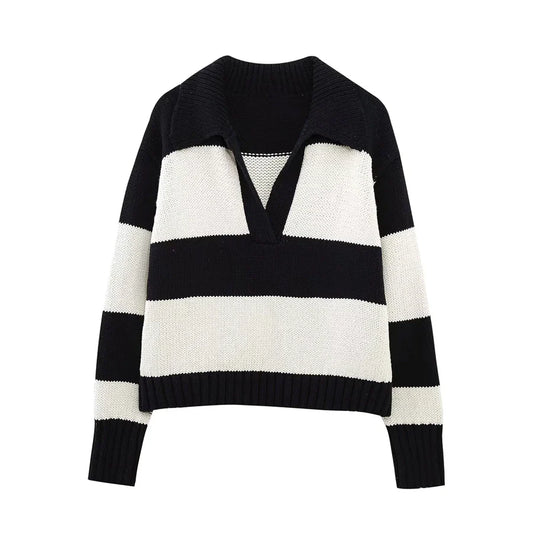 Women Fashion Black Striped Knit Sweater Spring Vintage Polo Neck Long Sleeve Female Pullovers Chic Tops
