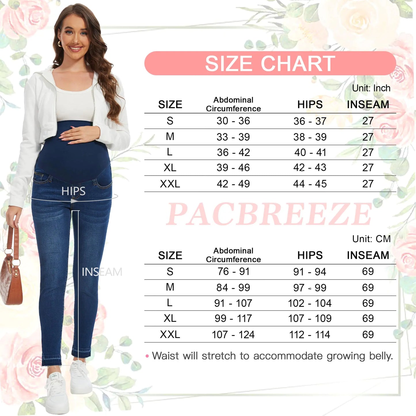 PACBREEZE Women's Maternity Jeans Over Belly Skinny Stretchy Denim Pants Comfy Slim Pregnancy Pants Medium B01: 27'' Vintage Dark Blue - # WOAA21410001-PRG