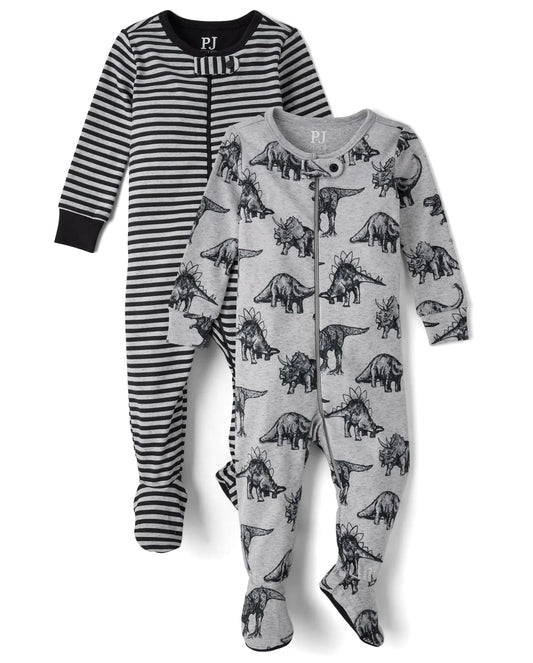 The Childrens Place Baby Boys and Toddler Long Sleeve 100% Cotton Zip-Front One Piece Footed Pajama Dino 2-Pack 0-3 Months - # BAAA81810004