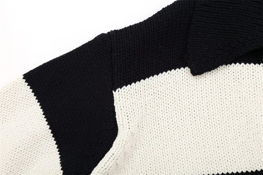 Women Fashion Black Striped Knit Sweater Spring Vintage Polo Neck Long Sleeve Female Pullovers Chic Tops