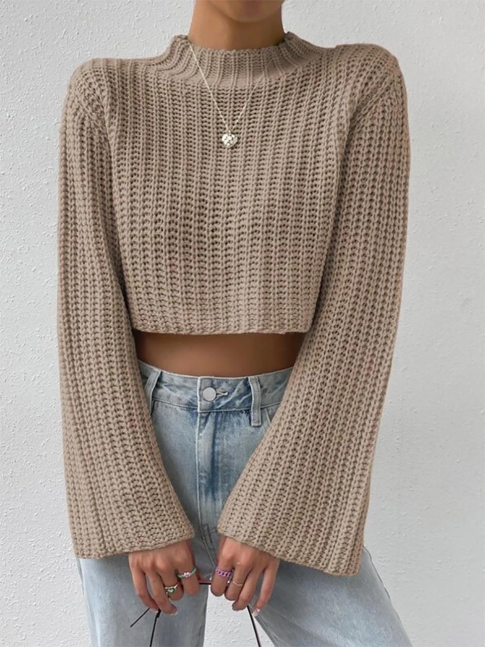 Short Crop Top with Exposed Midriff and Bell Sleeves | NCS