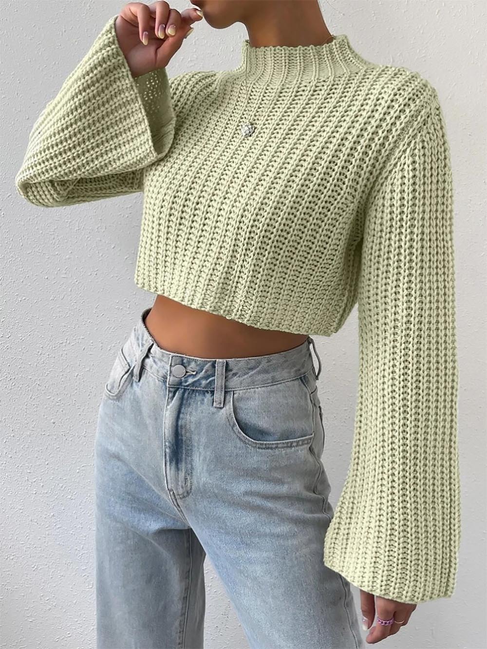 Short Crop Top with Exposed Midriff and Bell Sleeves | NCS