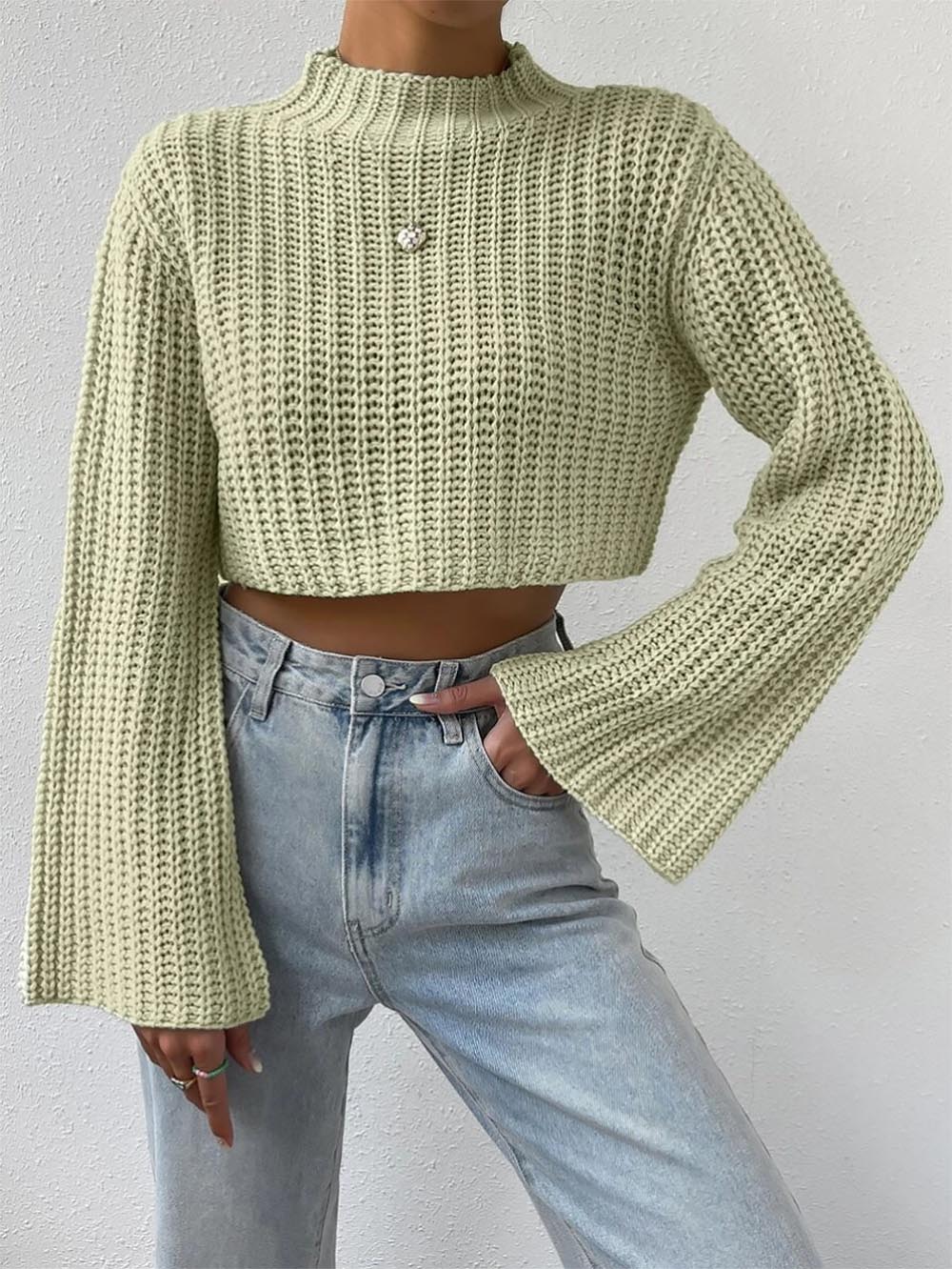 Short Crop Top with Exposed Midriff and Bell Sleeves | NCS