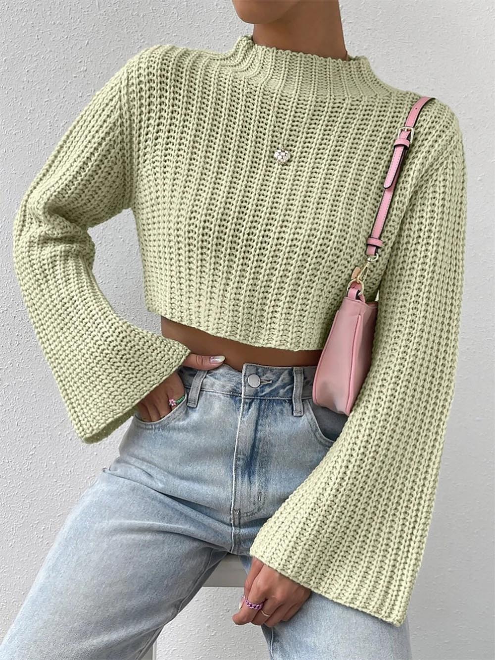 Short Crop Top with Exposed Midriff and Bell Sleeves | NCS
