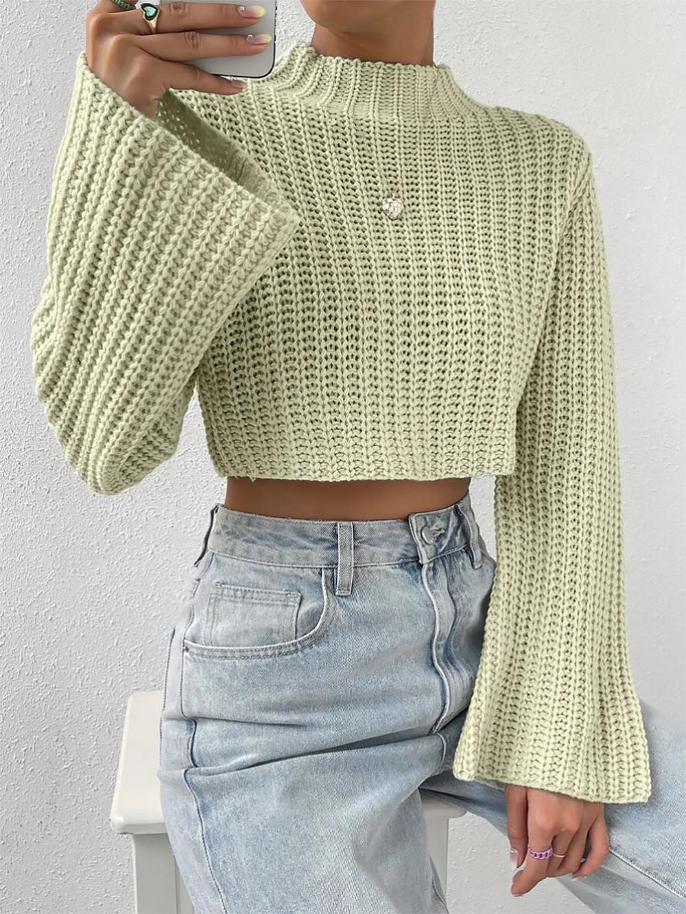 Short Crop Top with Exposed Midriff and Bell Sleeves | NCS