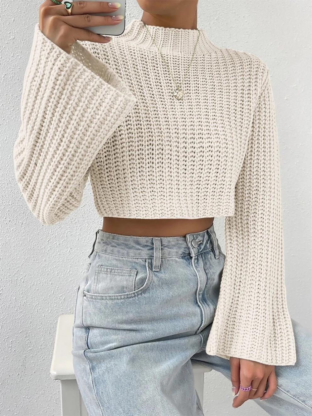 Short Crop Top with Exposed Midriff and Bell Sleeves | NCS